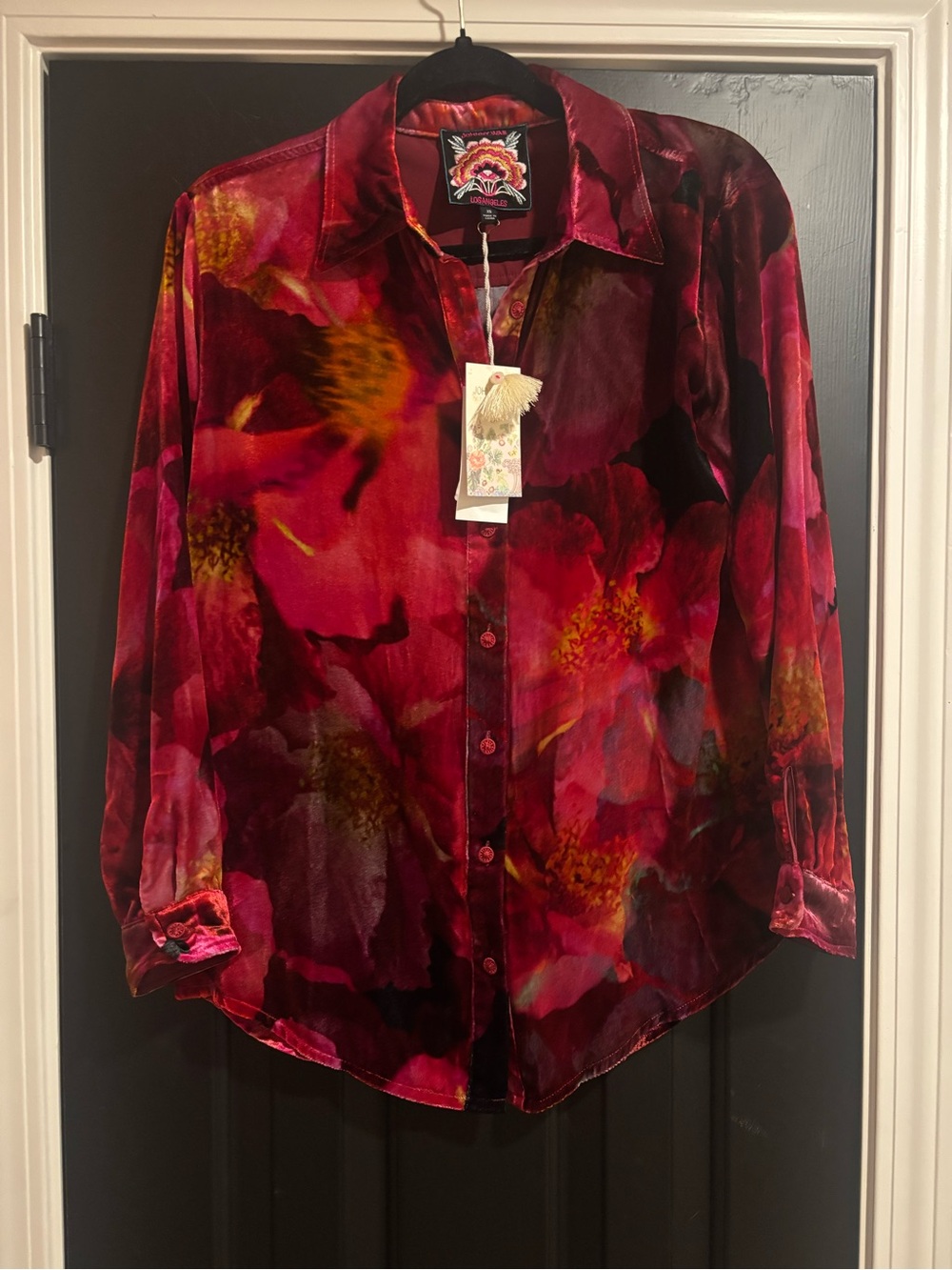 Johnny Was Red Floral Velvet Button-Front Blouse